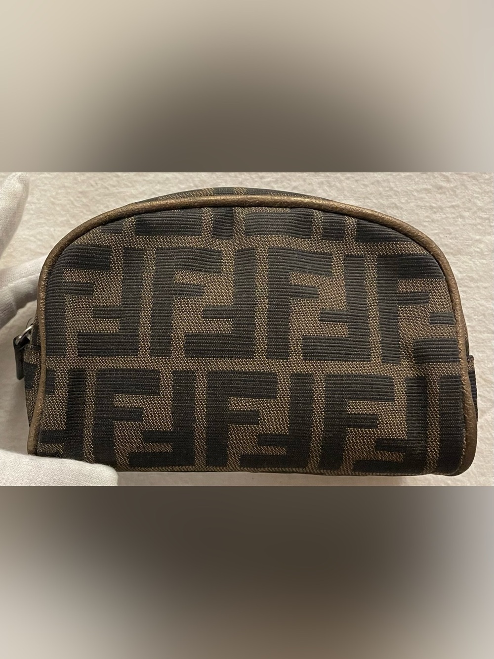 Fendi Authentic Vintage Brown and Black FF Monogram Pouch with Gold Trim